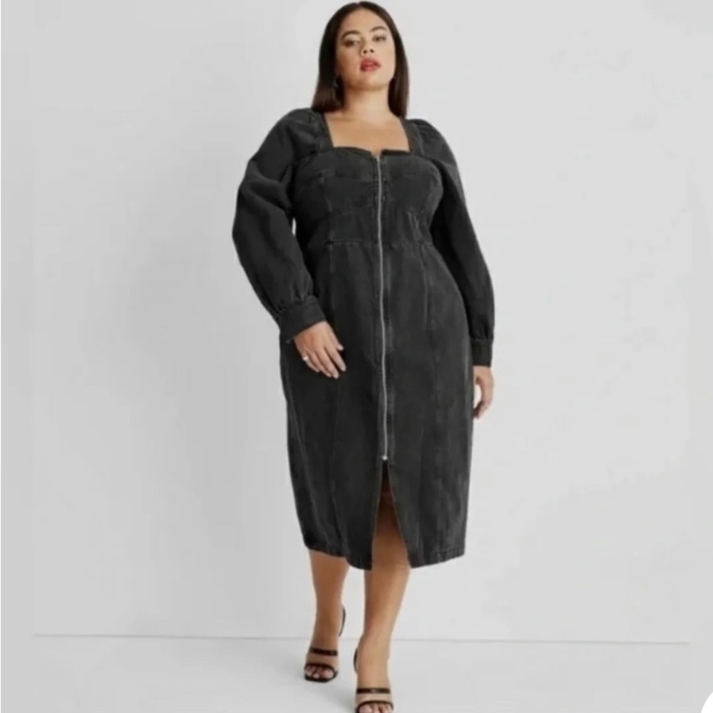 Women’s plus size puff long sleeve zip-front denim a-line black denim dress